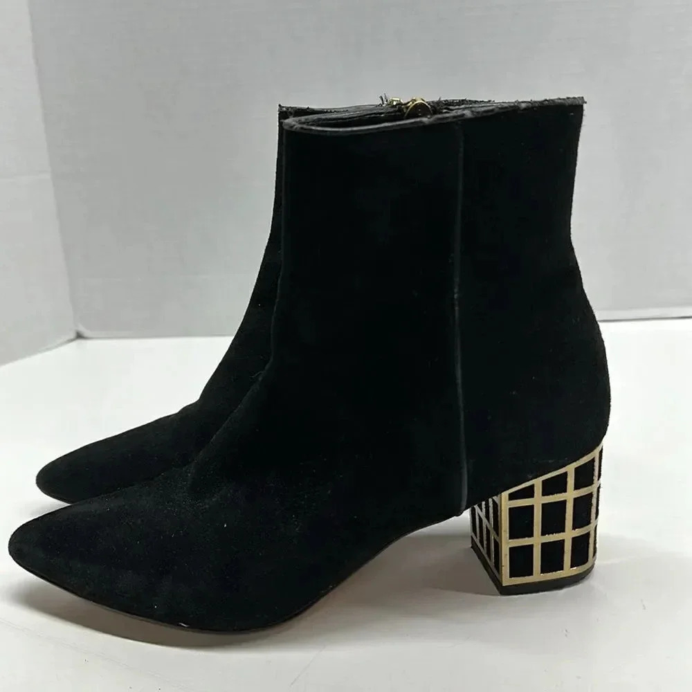 Brian Atwood Kallie Ankle Boots Booties Metal Cage High Heeled Black Gold Size 6